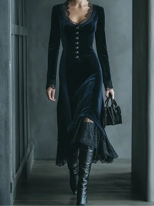 Velvet Midi Dress with V-Neckline and Lace Trim for an Elegant Style