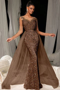 Long evening gown in dark brown sequin lace with a tulle overskirt mermaid maxi style