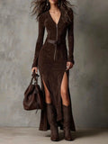 Elegant Vintage Brown V-Neck Maxi Dress with Zipper, Slit, and Matching Belt