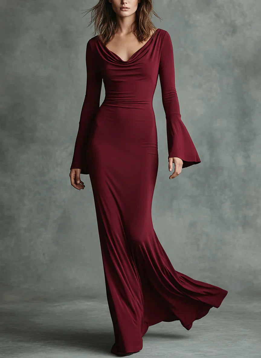Maxie Elegant Dress in Stretch Fabric Slim-Fit with Halter Neck and Bell Sleeves
