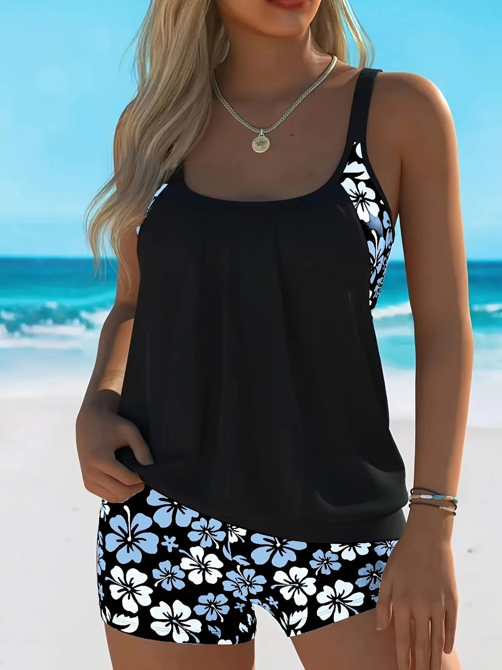Isabella Blue Floral Tankini Set - Elegant Two-Piece Swimwear