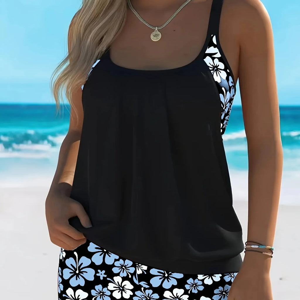 Isabella Blue Floral Tankini Set - Elegant Two-Piece Swimwear