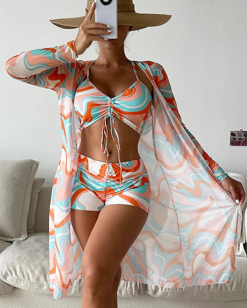 women 3-Piece Printed Bikini Set | Printed Bikini With Cover-Up Casual | Amorci