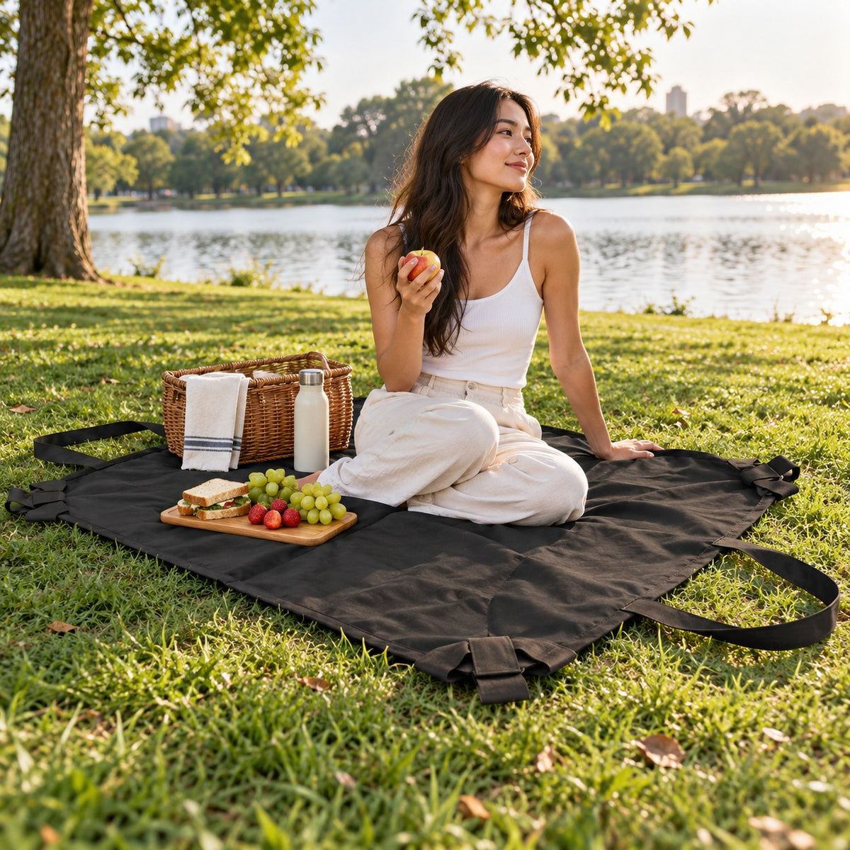 Convertible tote opened as a picnic mat in a lakeside park