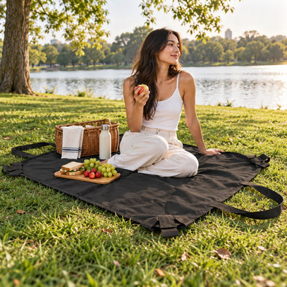Convertible tote opened as a picnic mat in a lakeside park